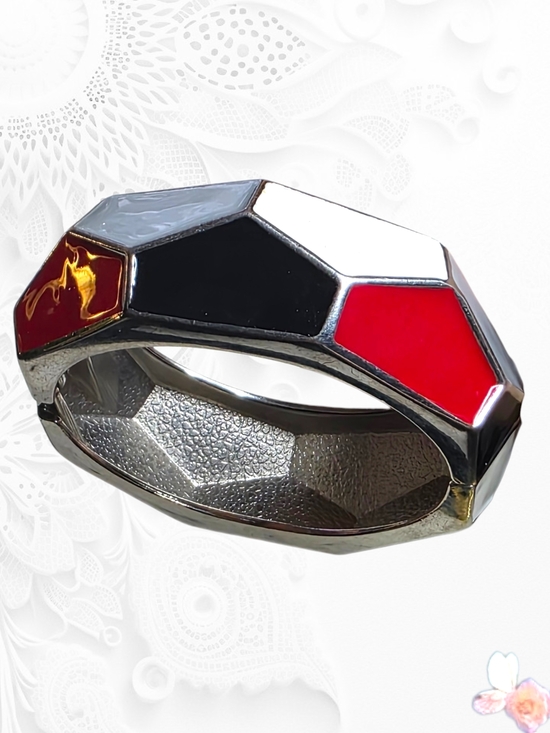Jewelry - Geometric Enamel Hinged Bangle Bracelet Red Black White Silver Tone